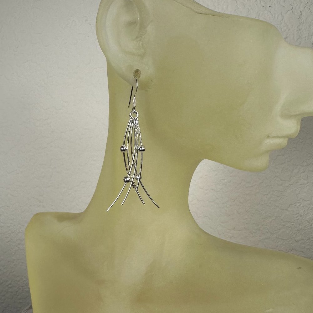 NEW Real Silver Beads on Curvy Wires Dangling Earrings